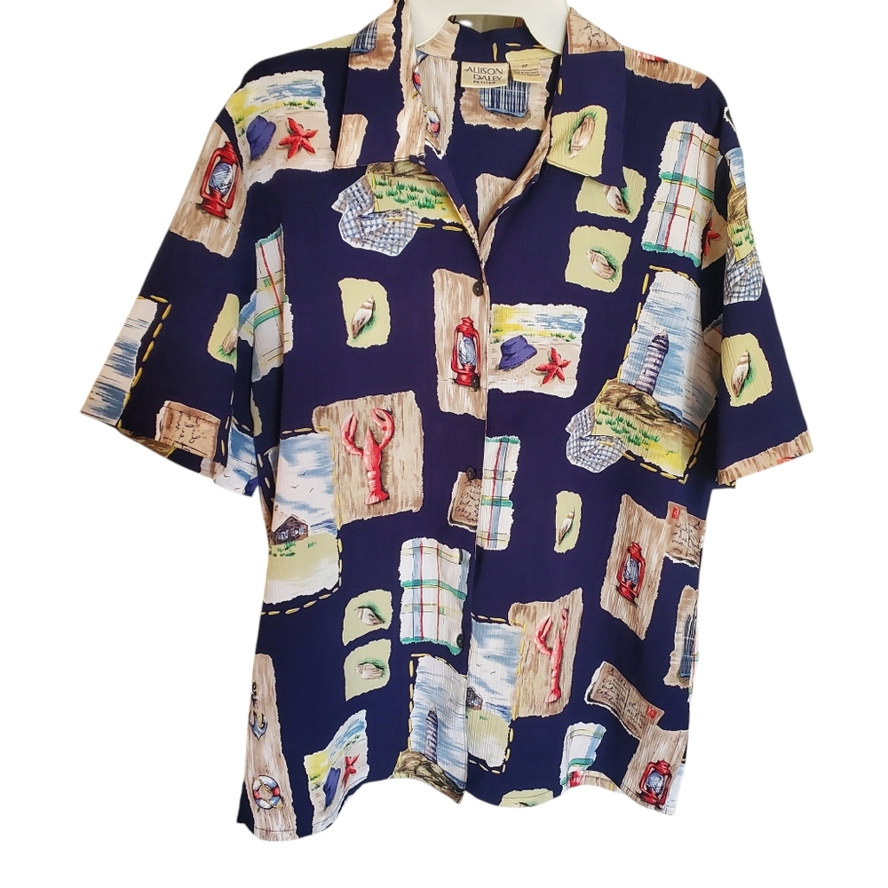 Allison Daley Vintage Women Beach Themed Novelty Print Button Down Shirt Sz 16P